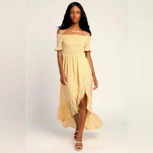 Lulus Ruffle Hi Low Fleur-tation Yellow Floral Off Shoulder Smocked Top Dress S